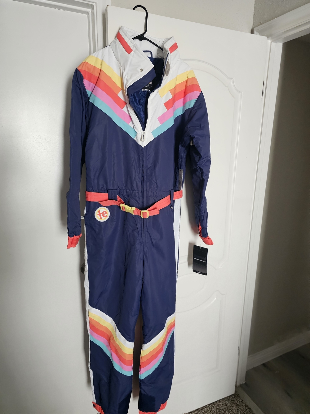 Tipsy Elves Navy One-Piece Ski Suit with Rainbow Stripes